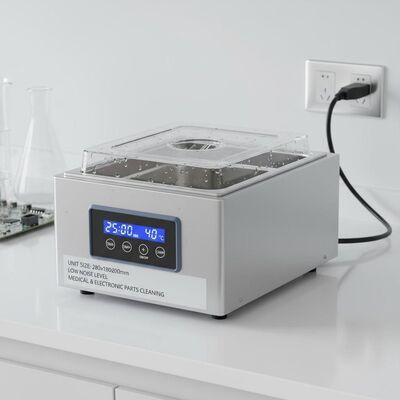इकाई का आकार 280x180x200 मिमी टेबल-टॉप अल्ट्रासोनिक क्लीनर चिकित्सा और इलेक्ट्रॉनिक भागों की सफाई के लिए कम शोर स्तर का उपकरण