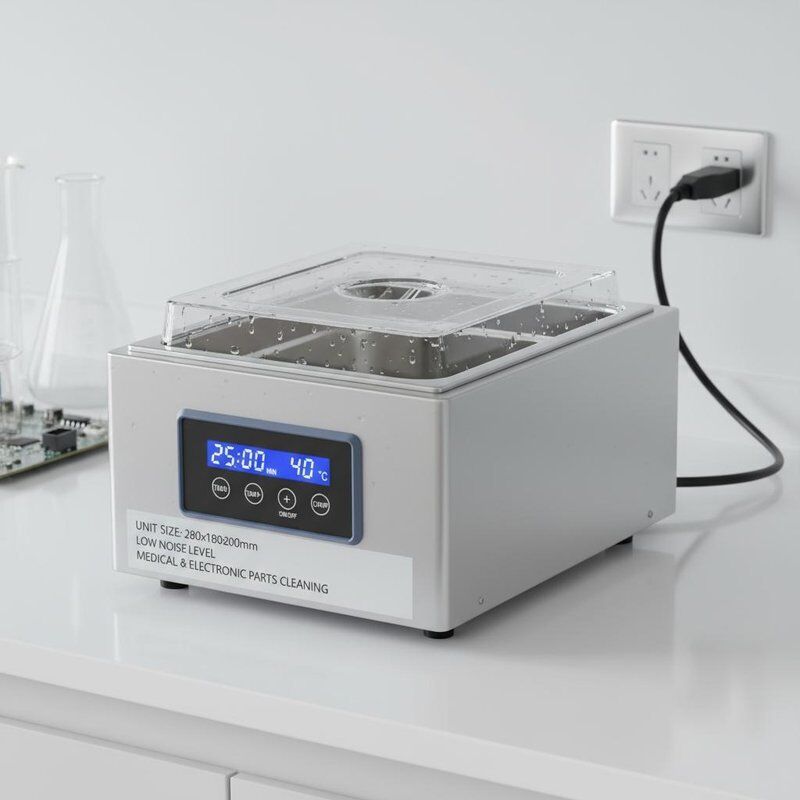 इकाई का आकार 280x180x200 मिमी टेबल-टॉप अल्ट्रासोनिक क्लीनर चिकित्सा और इलेक्ट्रॉनिक भागों की सफाई के लिए कम शोर स्तर का उपकरण